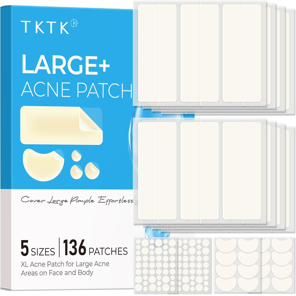 Parches TKTK XL para acné cubriendo áreas grandes, beneficiosos para cobertura rápida.