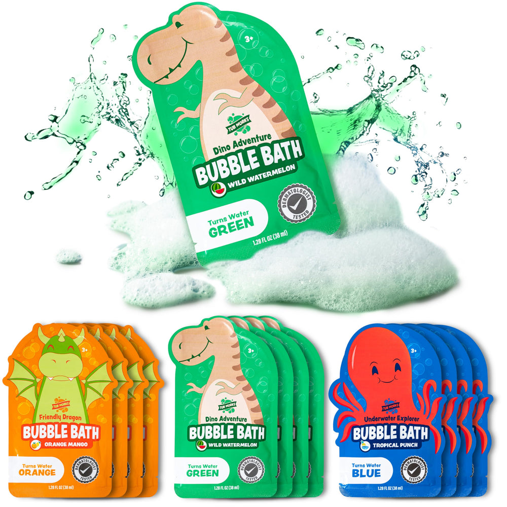 Tub Works Bain Moussant Dino Aventure Vert : couleurs vives et bulles durables pour le bain.