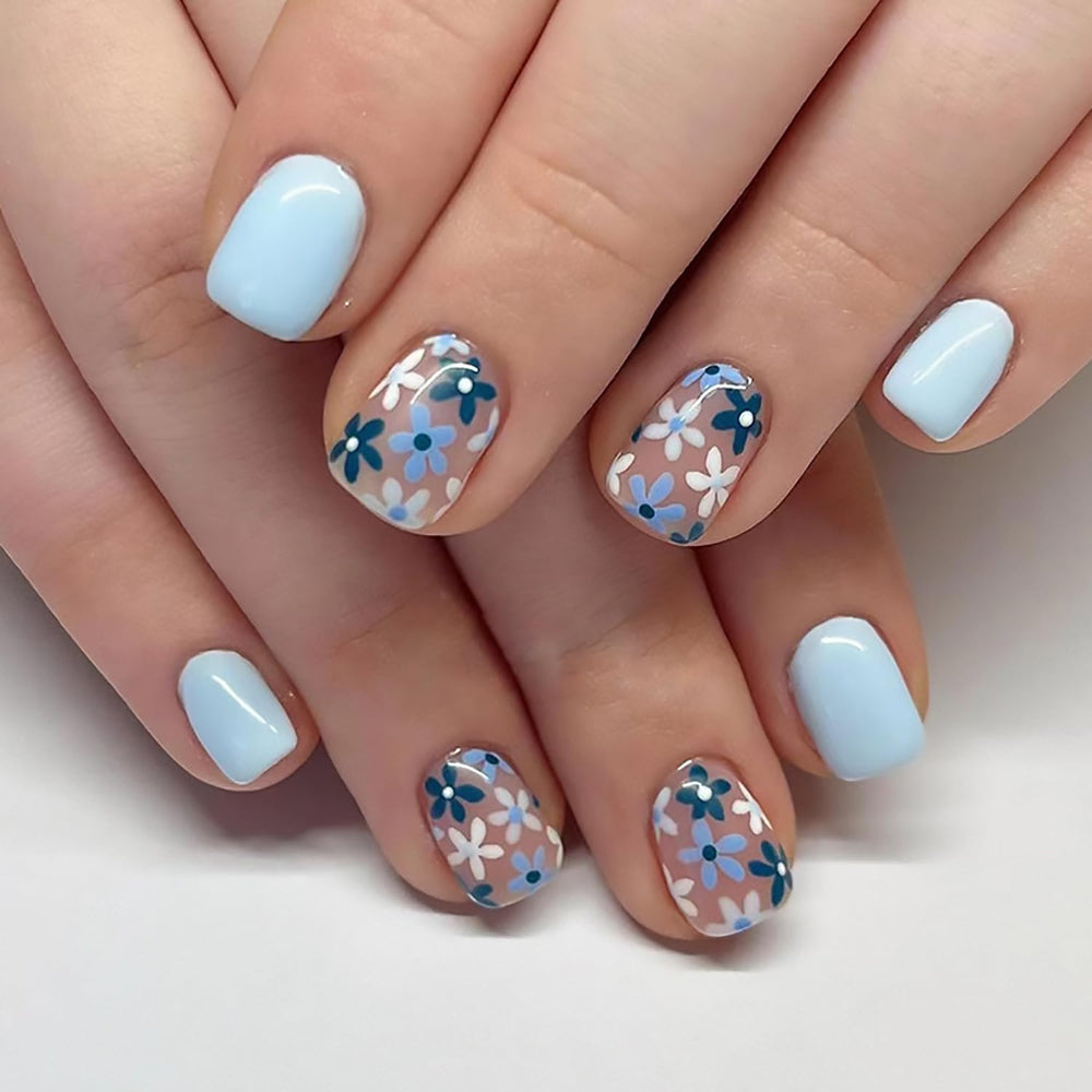 Tyuimhx uñas postizas flores azules cuadradas, brillo duradero para uso diario