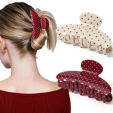 Unbednigt clips-pelo-mediano-puntos-rojo-beige: agarre seguro para peinados con estilo diario.