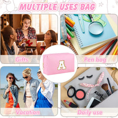 URSKYTOUS bolso maquillaje inicial rosa, interior organizado para cosméticos y accesorios pequeños.