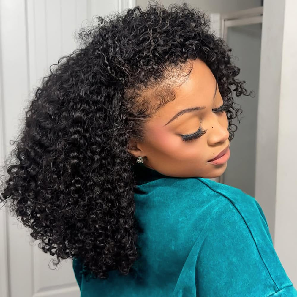 Peluca media VFFTI kinky curly 18 pulgadas con cap sin costuras para aspecto natural