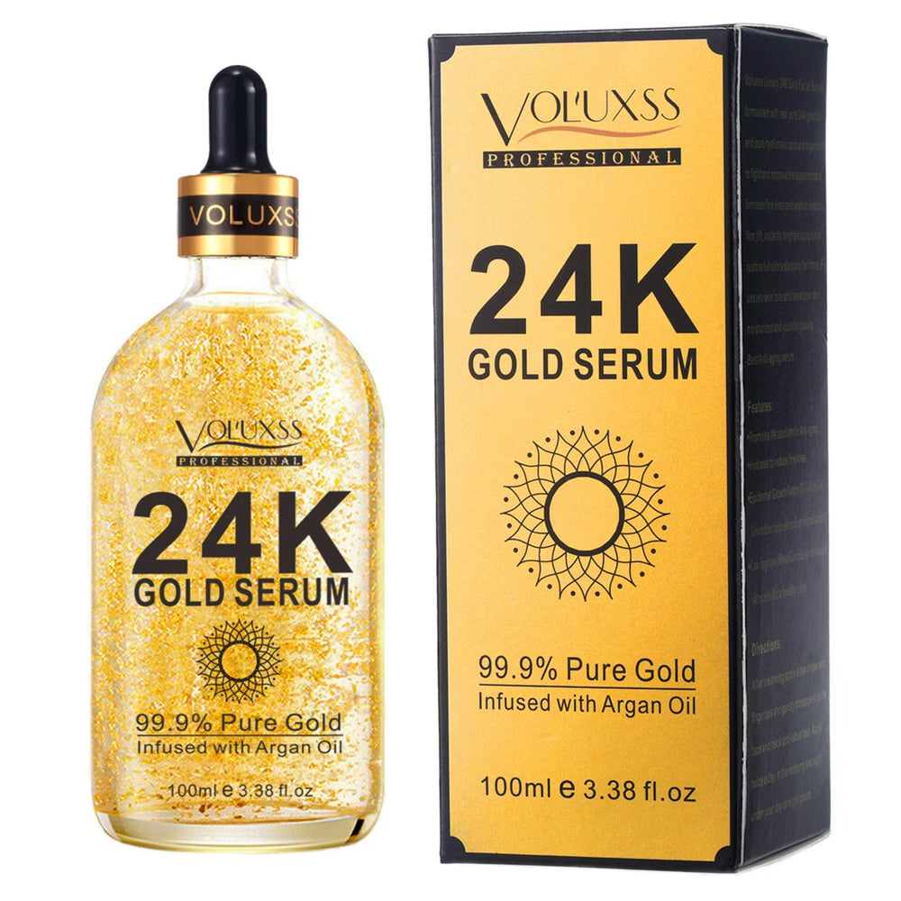 Voluxss 24K suero de oro en bote de vidrio, aporta brillo facial y luminosidad.