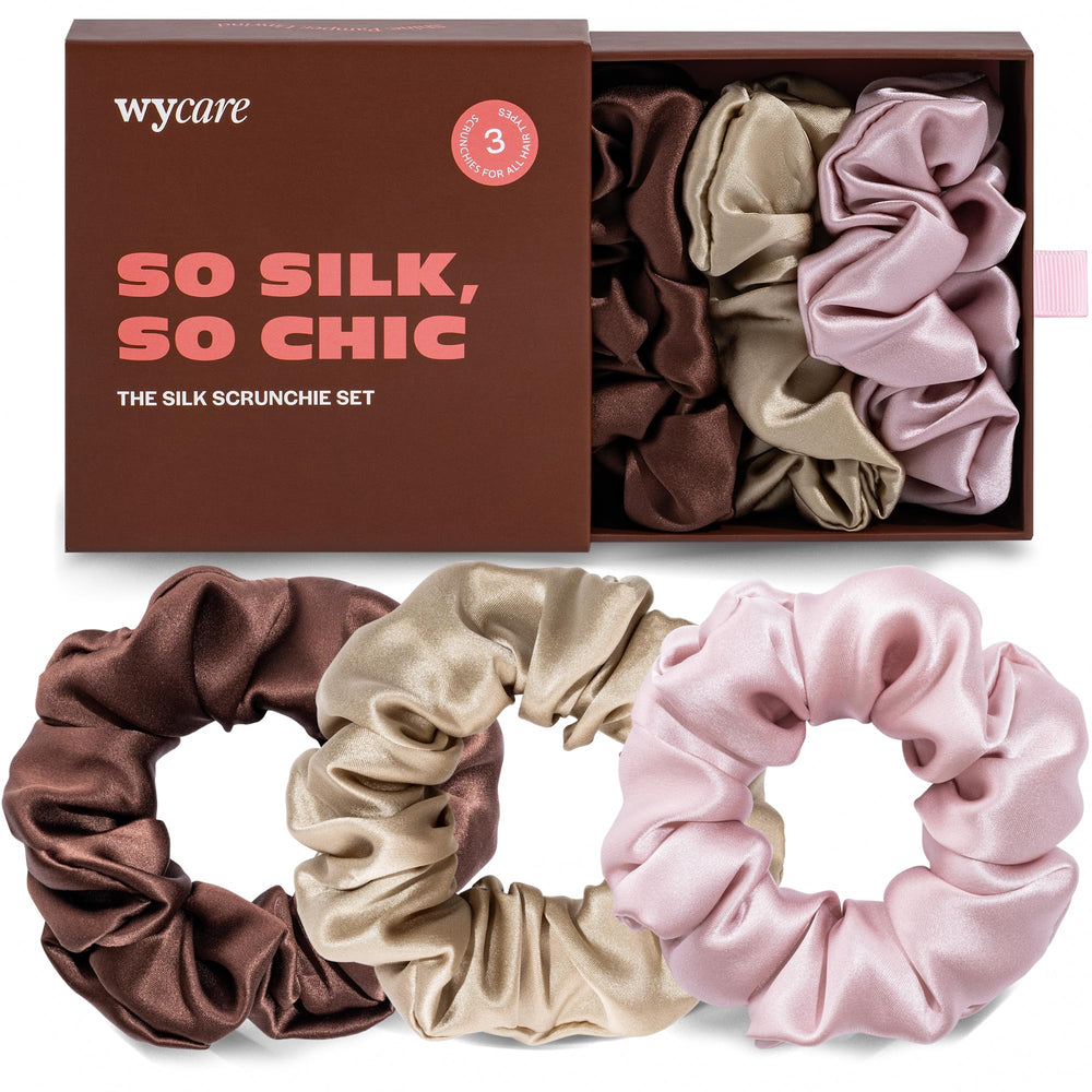 Wycare coletas de seda chocolate: suavidad lujosa para cabello sin nudos al despertar.