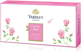 Jabón Yardley rosa inglesa en caja con tres barras, ideal para uso diario.