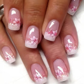 YOSOMMK uñas postizas cuadradas con flor, tono rosado claro, brillo duradero para ocasión especial.