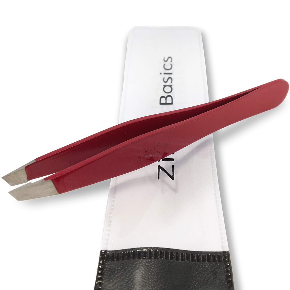 Pinzas quirúrgicas Zizzili Basics con puntas inclinadas rojas, precisión para definir cejas.
