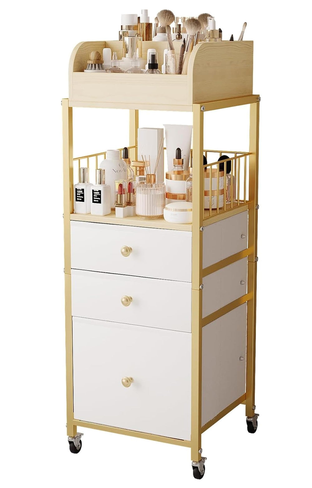 ZQUYAJ carro organizador maquillaje con cajones dorados para ordenar cosméticos y herramientas
