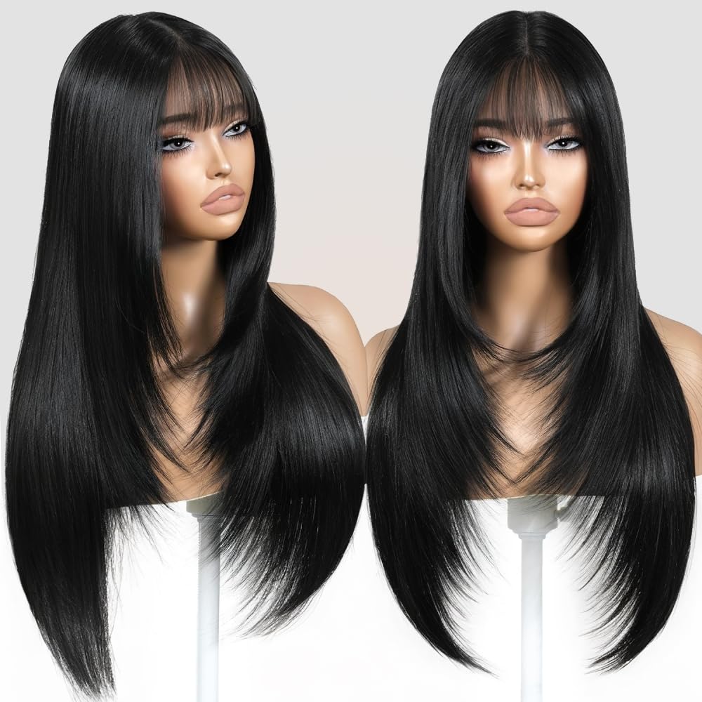 Peluca ZRLK negra con flequillo, flujo natural para un aspecto realista.