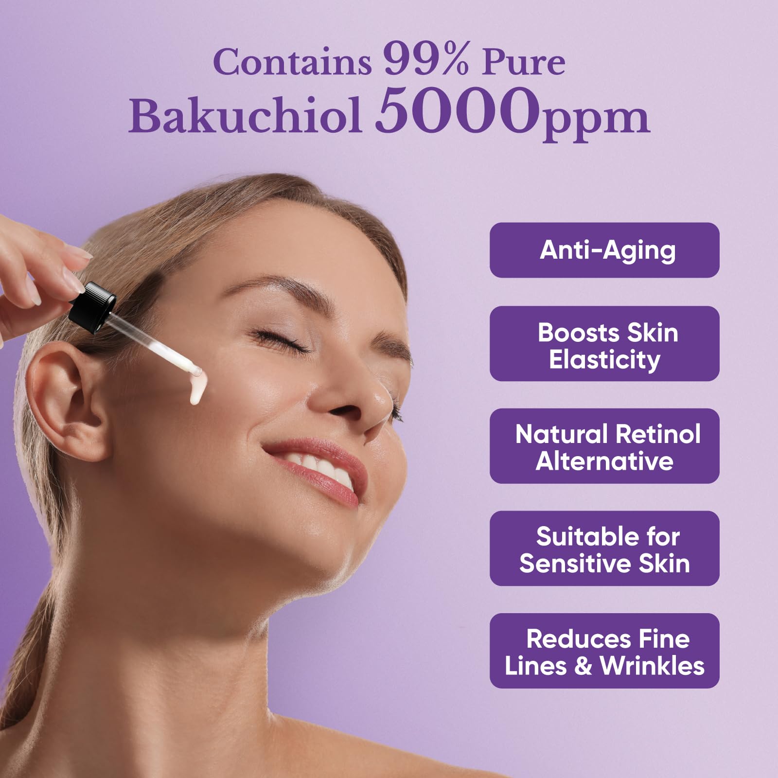 Close-up of 1HEROLABS Bakuchiol serum application, lightweight formula ideal for sensitive skin.