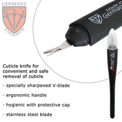 3 Swords Germany hoja en V – afilado para remover cutícula con control.
