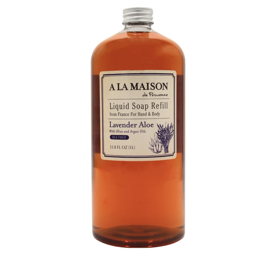 Jabón de manos A LA MAISON lavanda aloe, botella rellena, hidratación suave para manos sensibles.