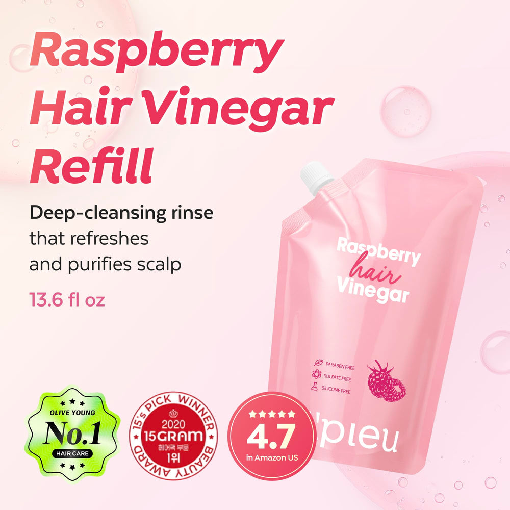 A'PIEU Raspberry Hair Vinegar bottle highlights pH-balanced scalp care for oily hair.