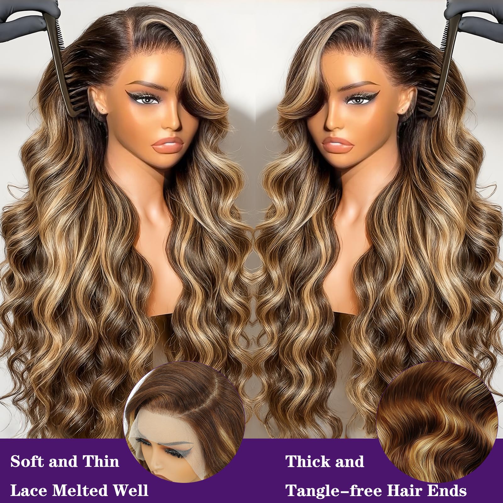 A8 peluca con cabello humano prepeinado y mechones suaves.