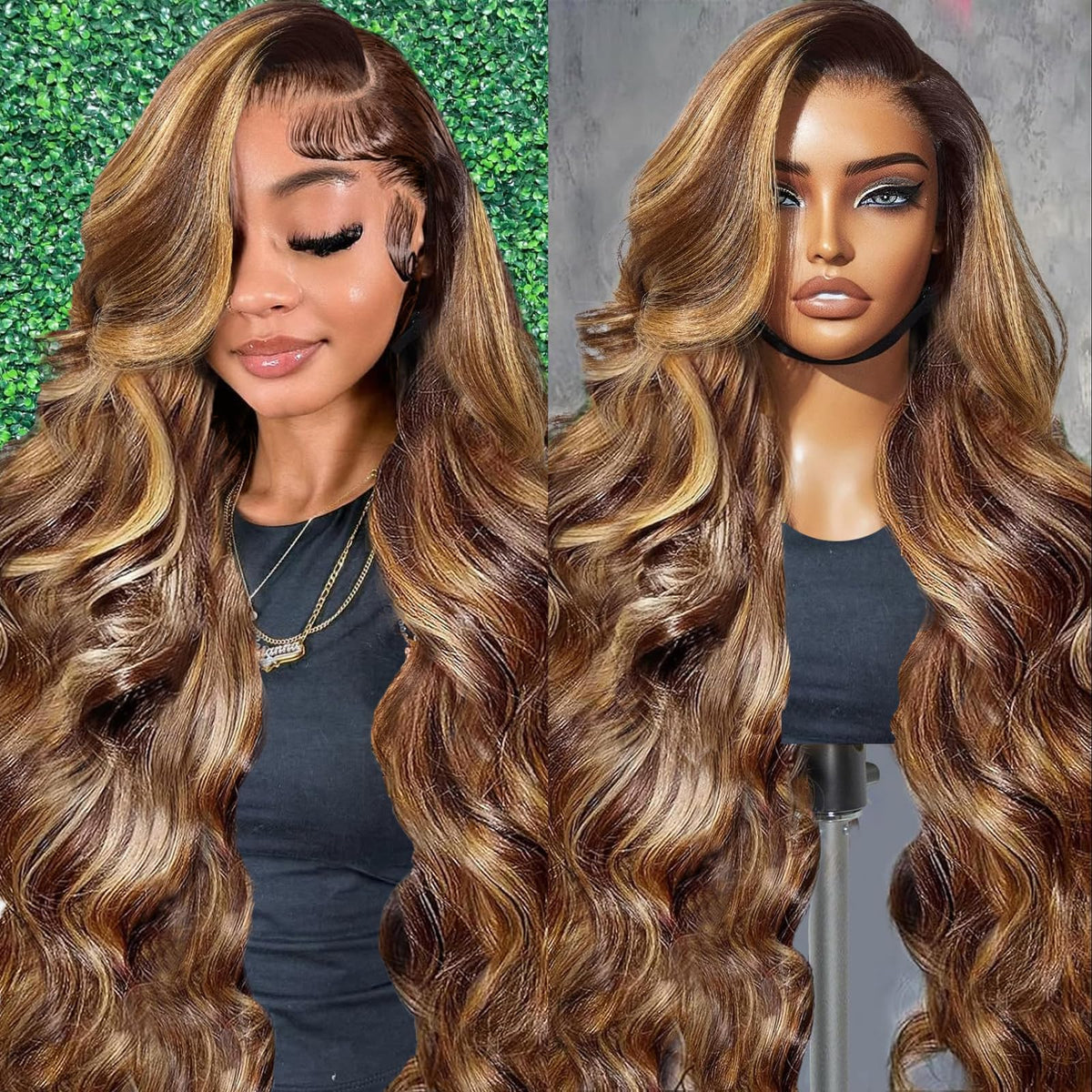 Peluca A8 rubio miel con ombré y ondas suaves para un aspecto natural.