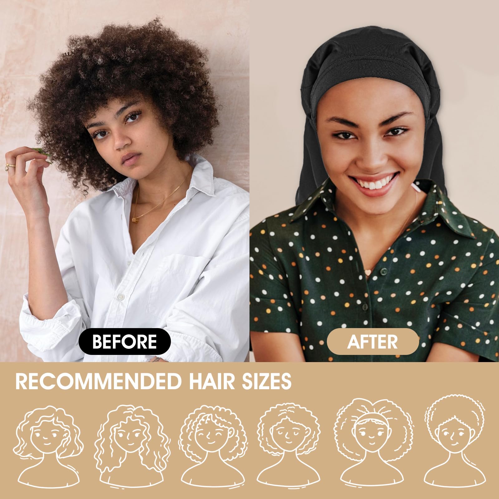 Gorrito satinado negro Abeillo para cabello rizado, protege y mantiene la forma