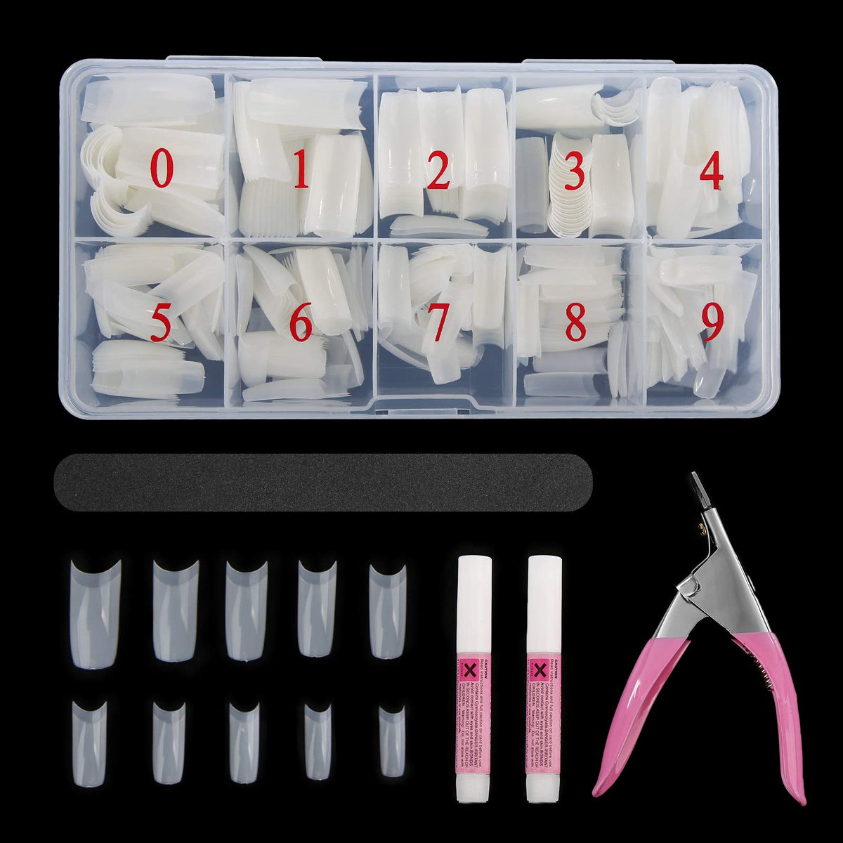 Abodhu nail tips box front shows organized 500-piece kit for precise sizing