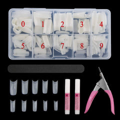 Abodhu nail tips box front shows organized 500-piece kit for precise sizing