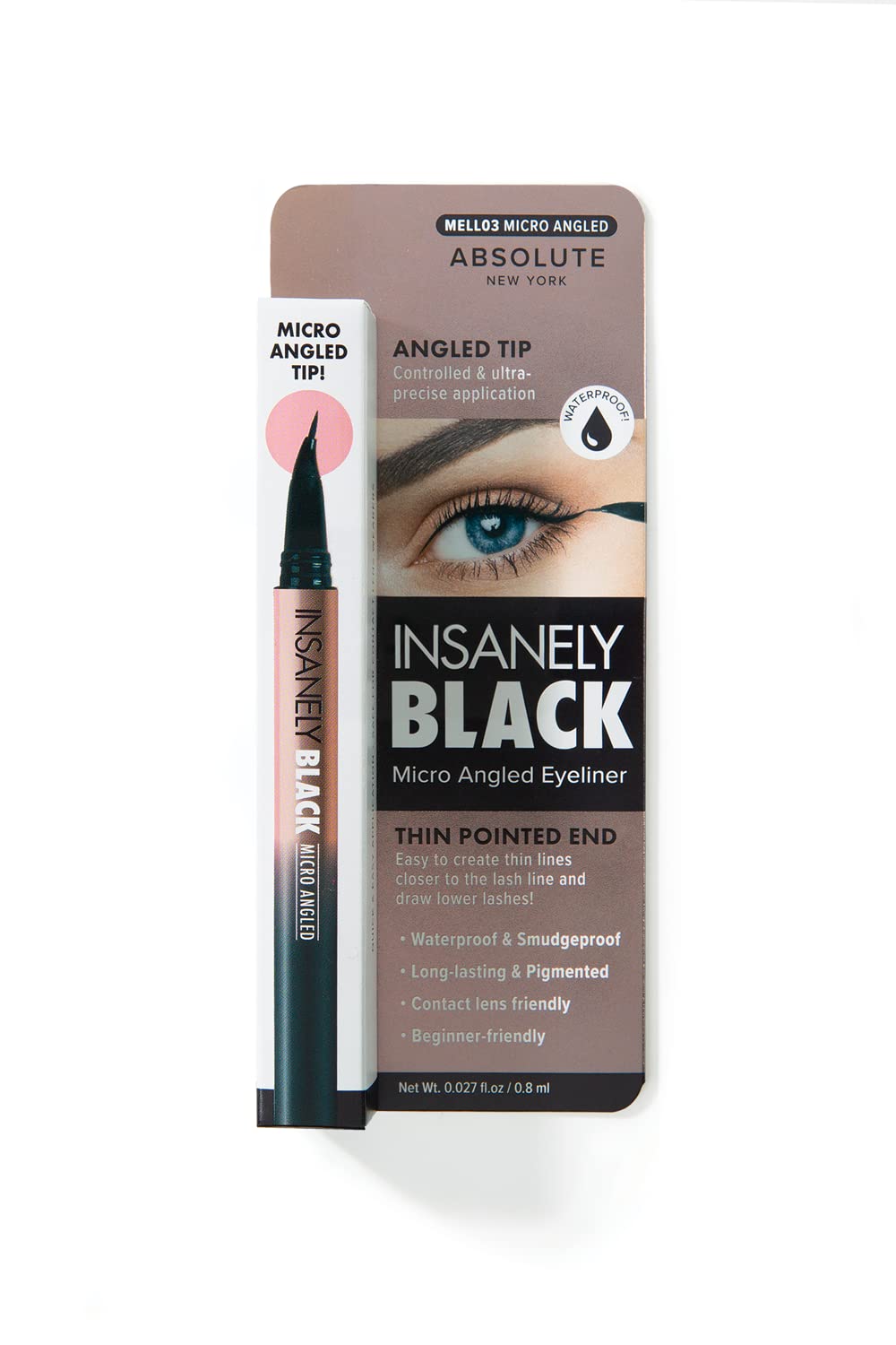 Delineador Absolute New York con punta micro angulada para trazos finos junto a la línea de pestañas.
