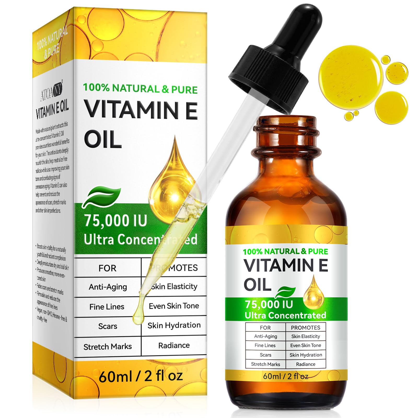 Aceite Vitamina E 75000 UI: frasco gotero para hidratación facial