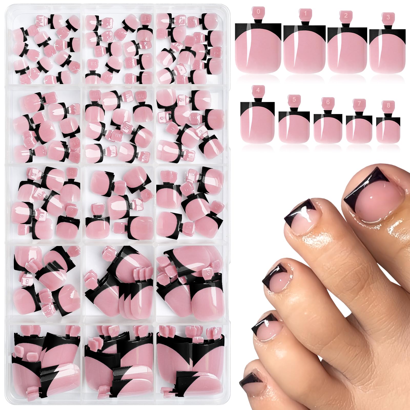 AddFavor uñas postizas francesas para dedos del pie en empaque compacto, lista para manicura en casa.