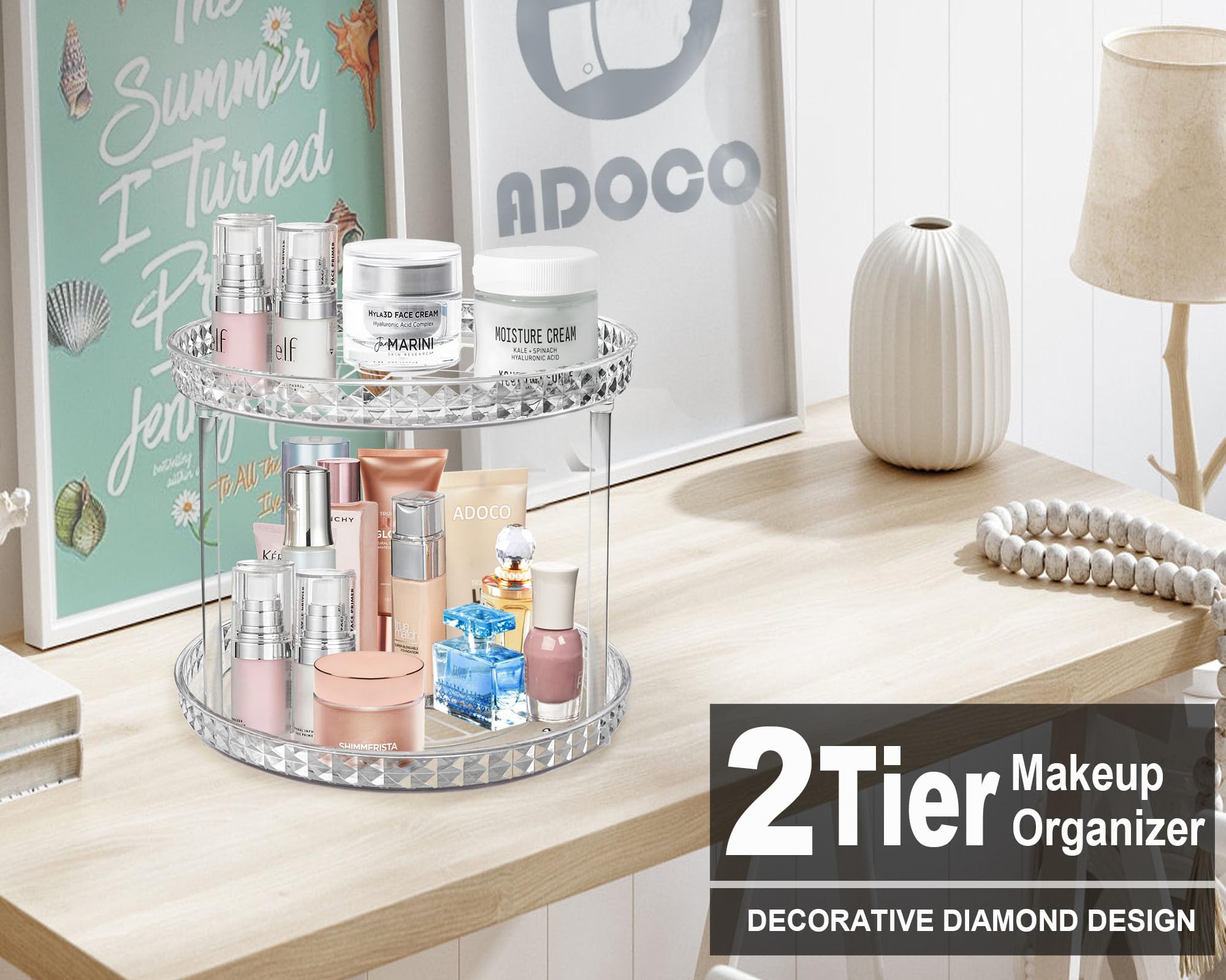 Adoco organizador de maquillaje giratorio, dos bandejas para alcance inmediato.