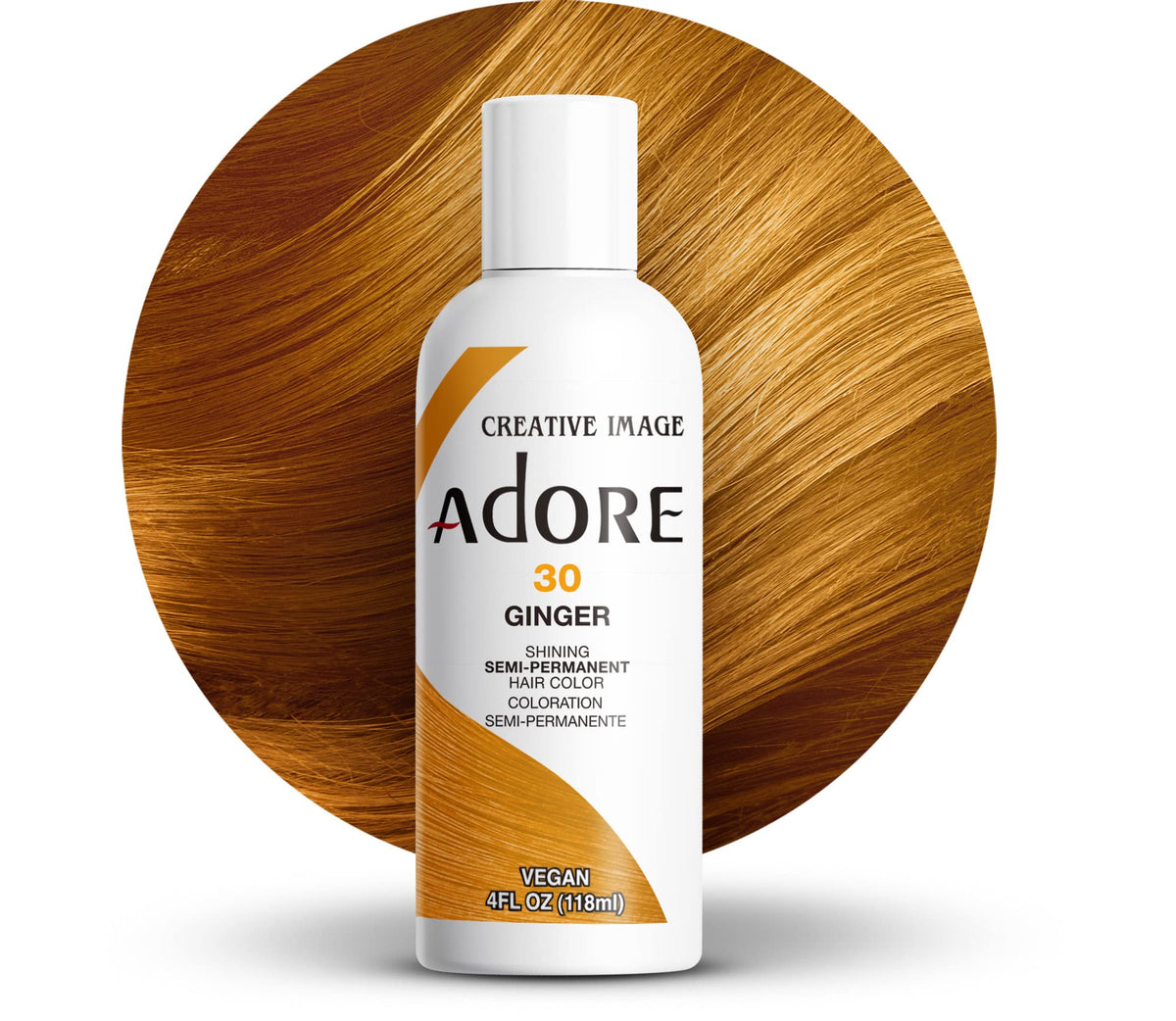 Adore 030 Ginger: vertido de la botella para cobertura intensa sin amoníaco.