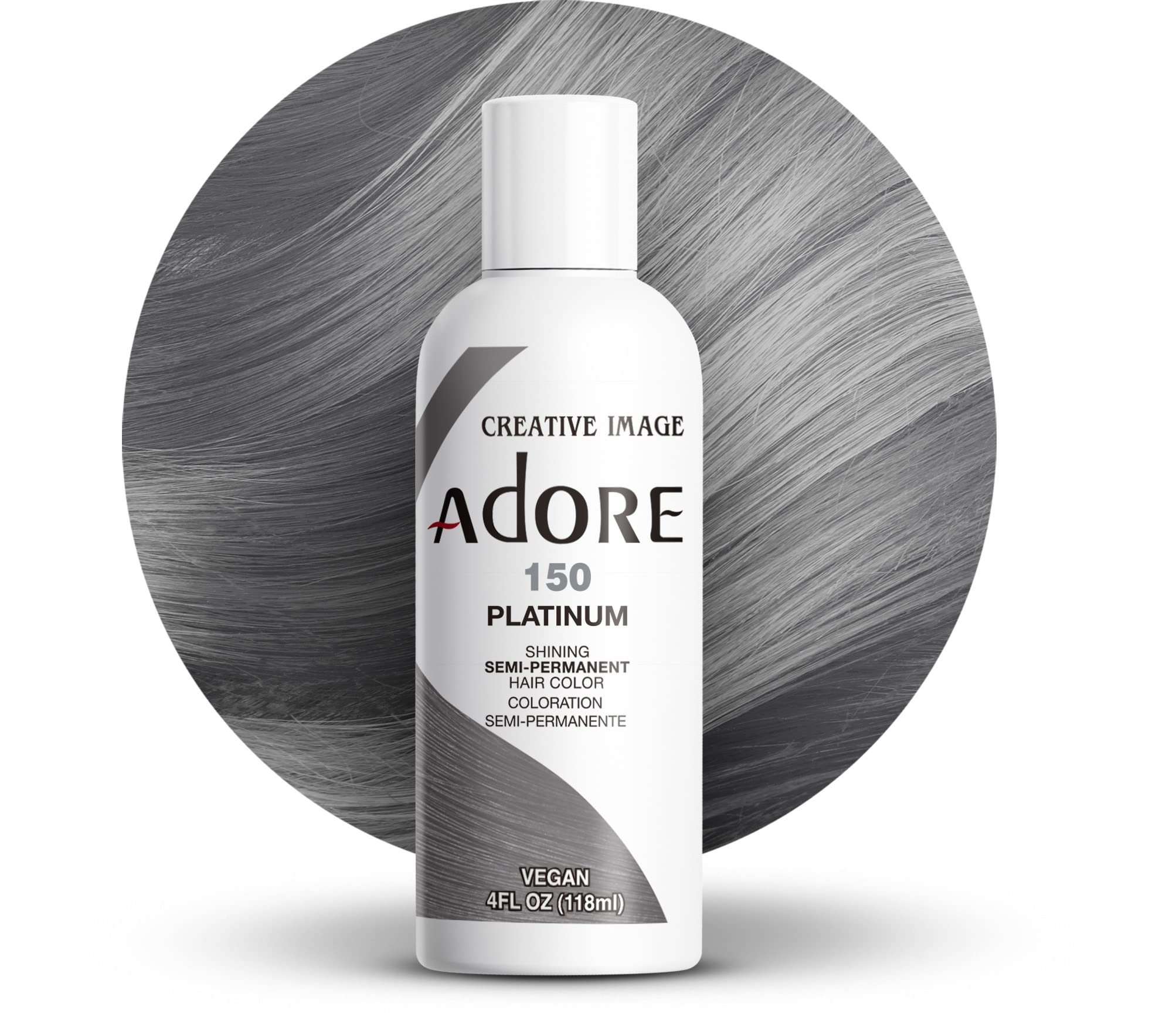 Adore Color Semipermanente 150 Platinum: frasco para uso en casa con color gris intenso.