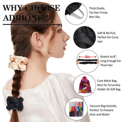 ADRIONE scrunchies satinados para cabello rizado ofrecen sujeción suave sin dañar rizos.