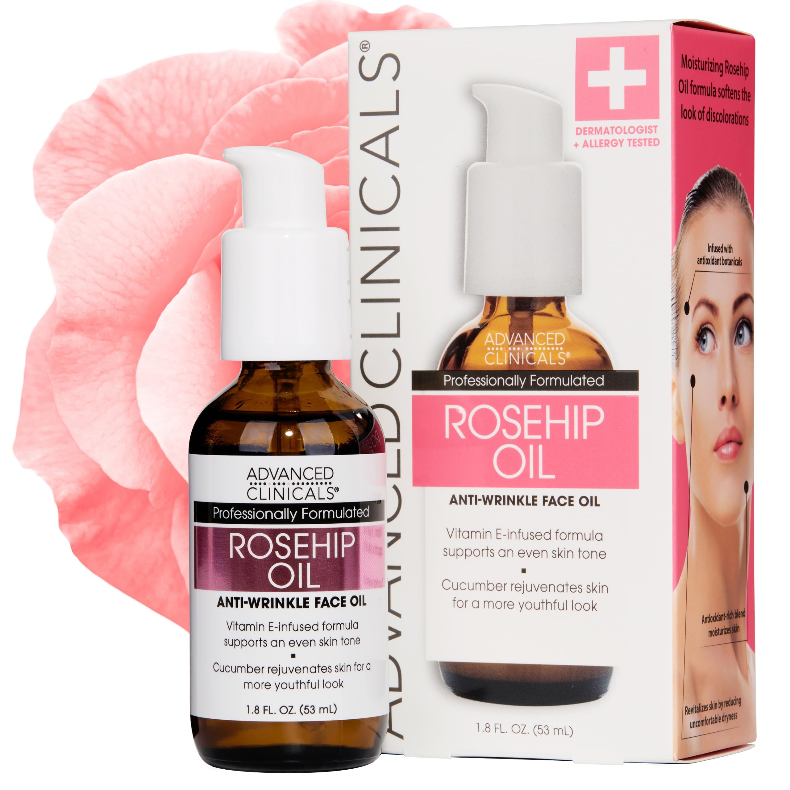 Advanced Clinicals aceite de rosa mosqueta en bote, hidratación suave para la piel.