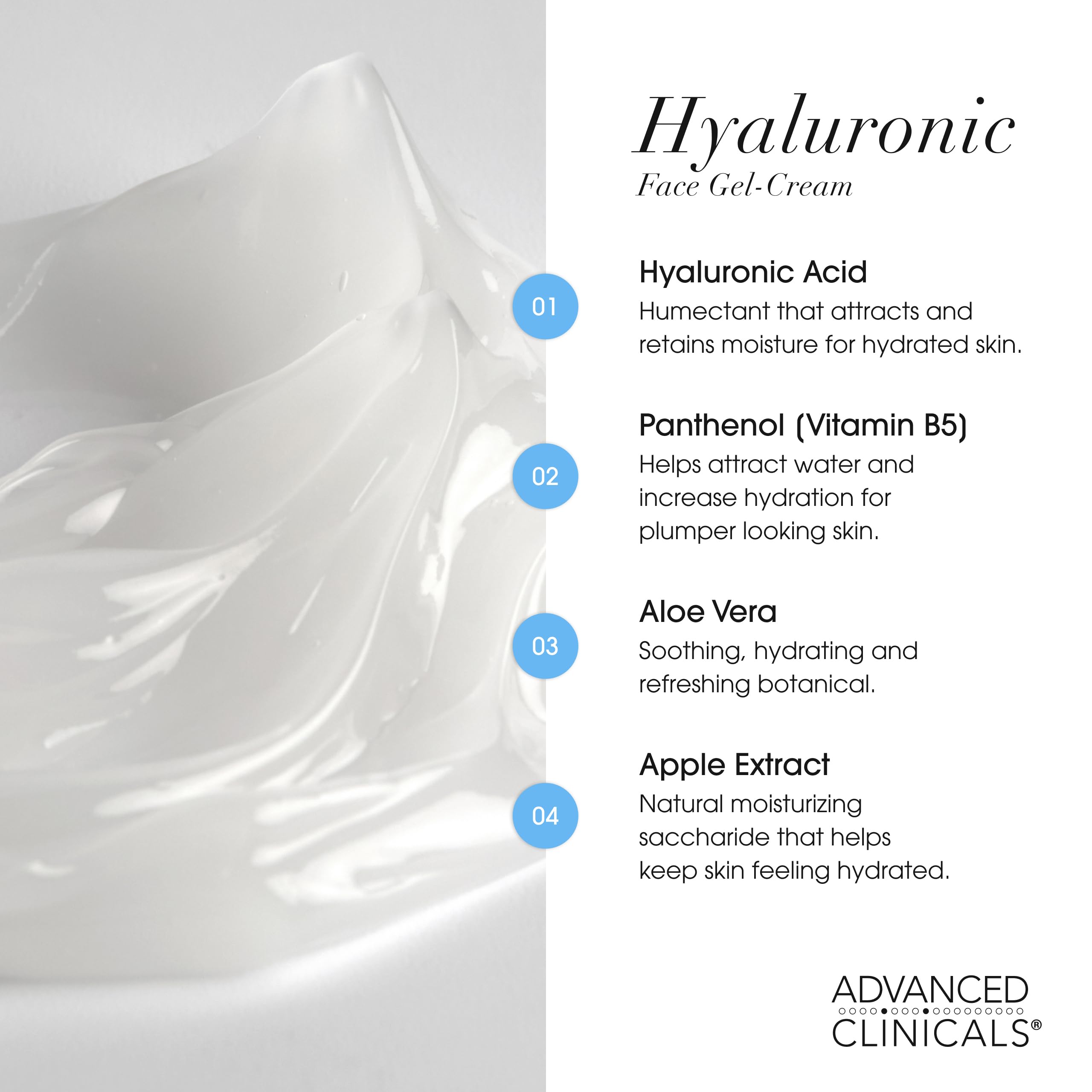 Advanced Clinicals Hyaluronic Acid Gel on neck showing hydration boost.