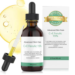 Advanced Skin Care serum 15% vitamina C en botella para mayor luminosidad.