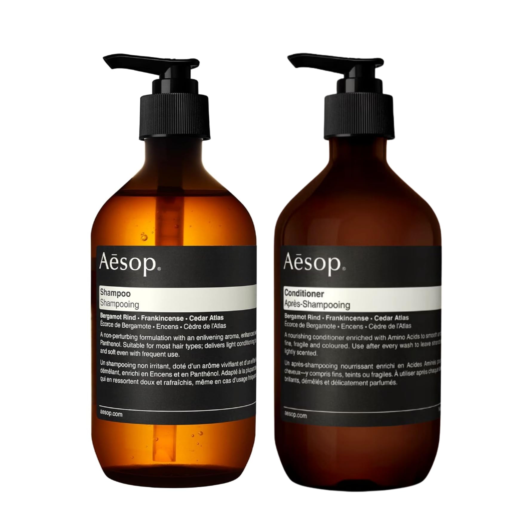 Aesop Champú: botella visible, limpieza suave y cabello con brillo natural.