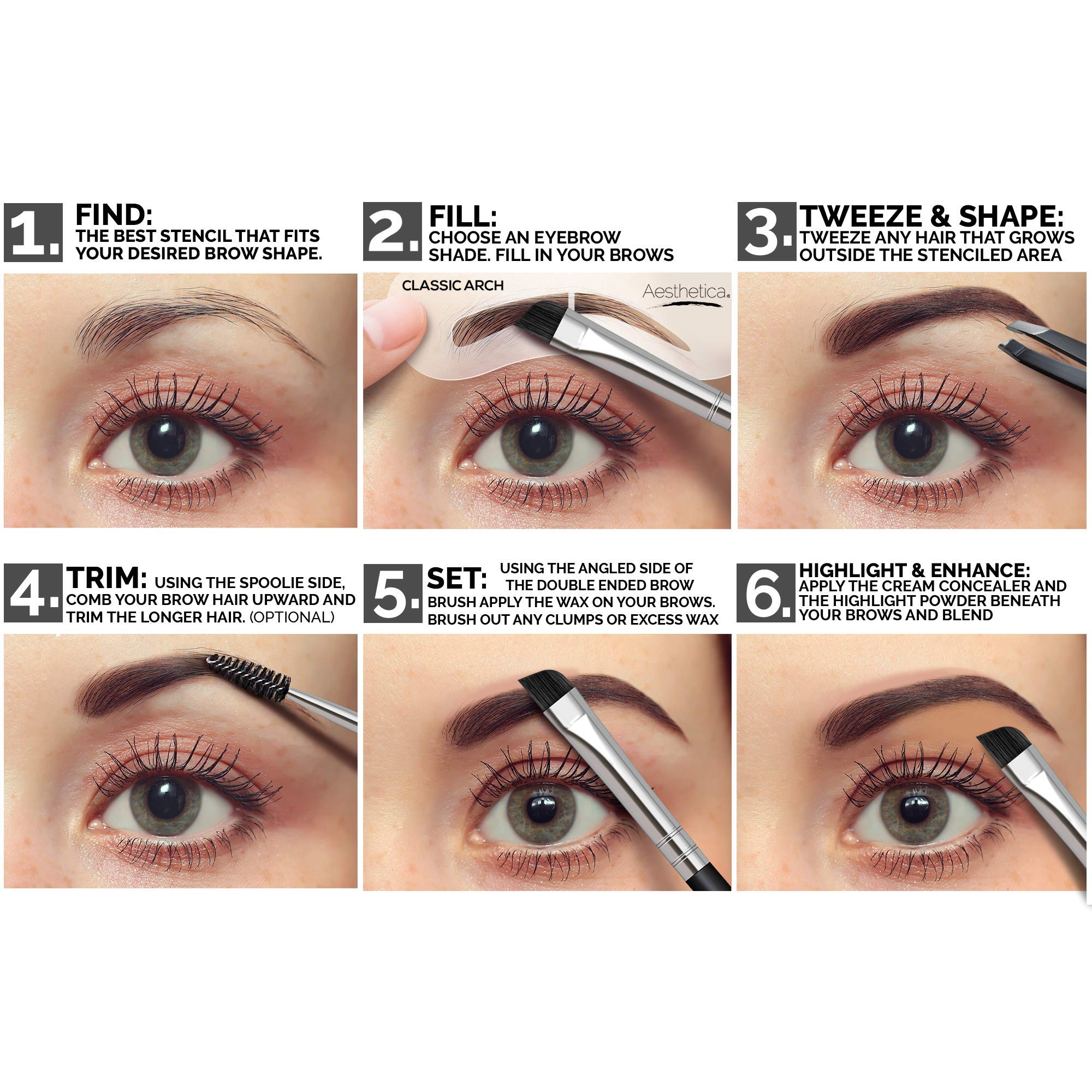 Aesthetica dúo cepillo doble extremo para cejas ofrece un acabado pulido.