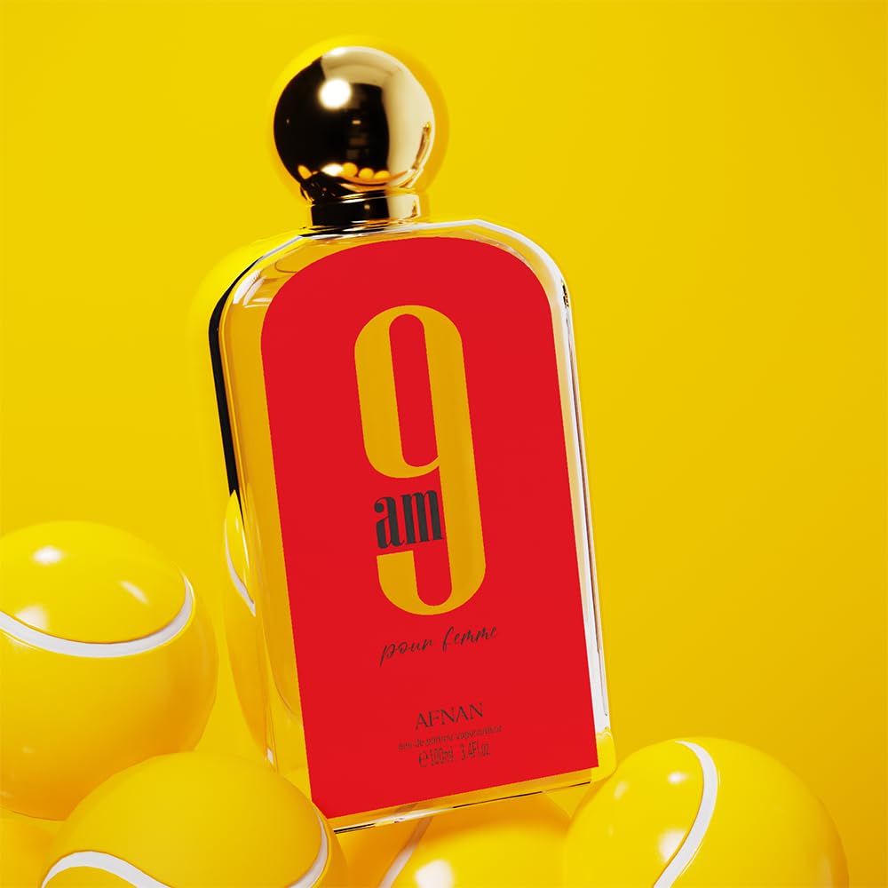 Afnan 9 AM Pour Femme: detalle de etiqueta con diseño contemporáneo