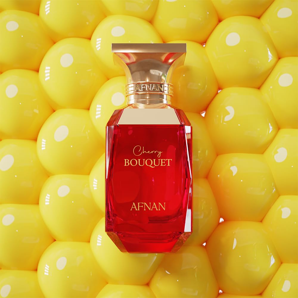 Afnan Cherry Bouquet, base de cedro y vainilla, calidez duradera.