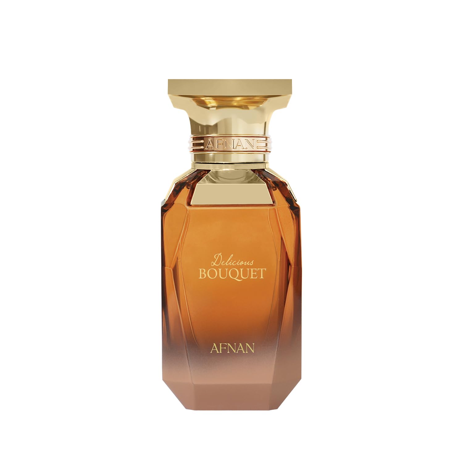 Afnan Delicious Bouquet, botella frontal, perfume elegante para ocasiones especiales.