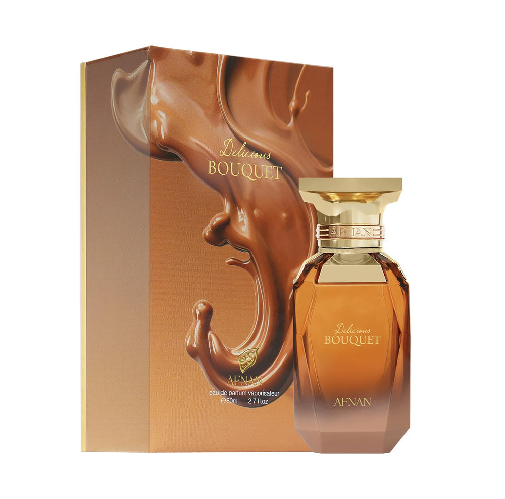 Afnan Delicious Bouquet, corazón floral con azahar, toque dulce suave.