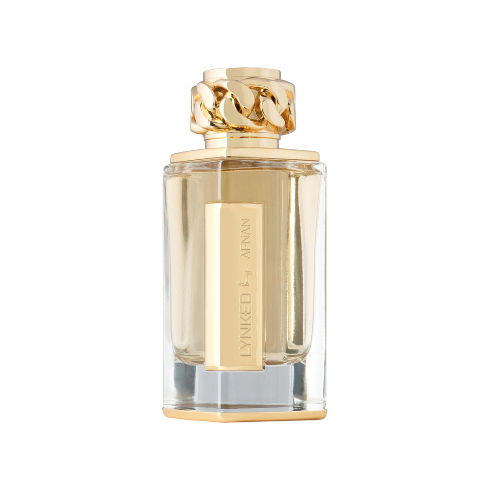Afnan Lynked Forever Gold close-up bottle neck, suggesting precise spritz and long-lasting character.