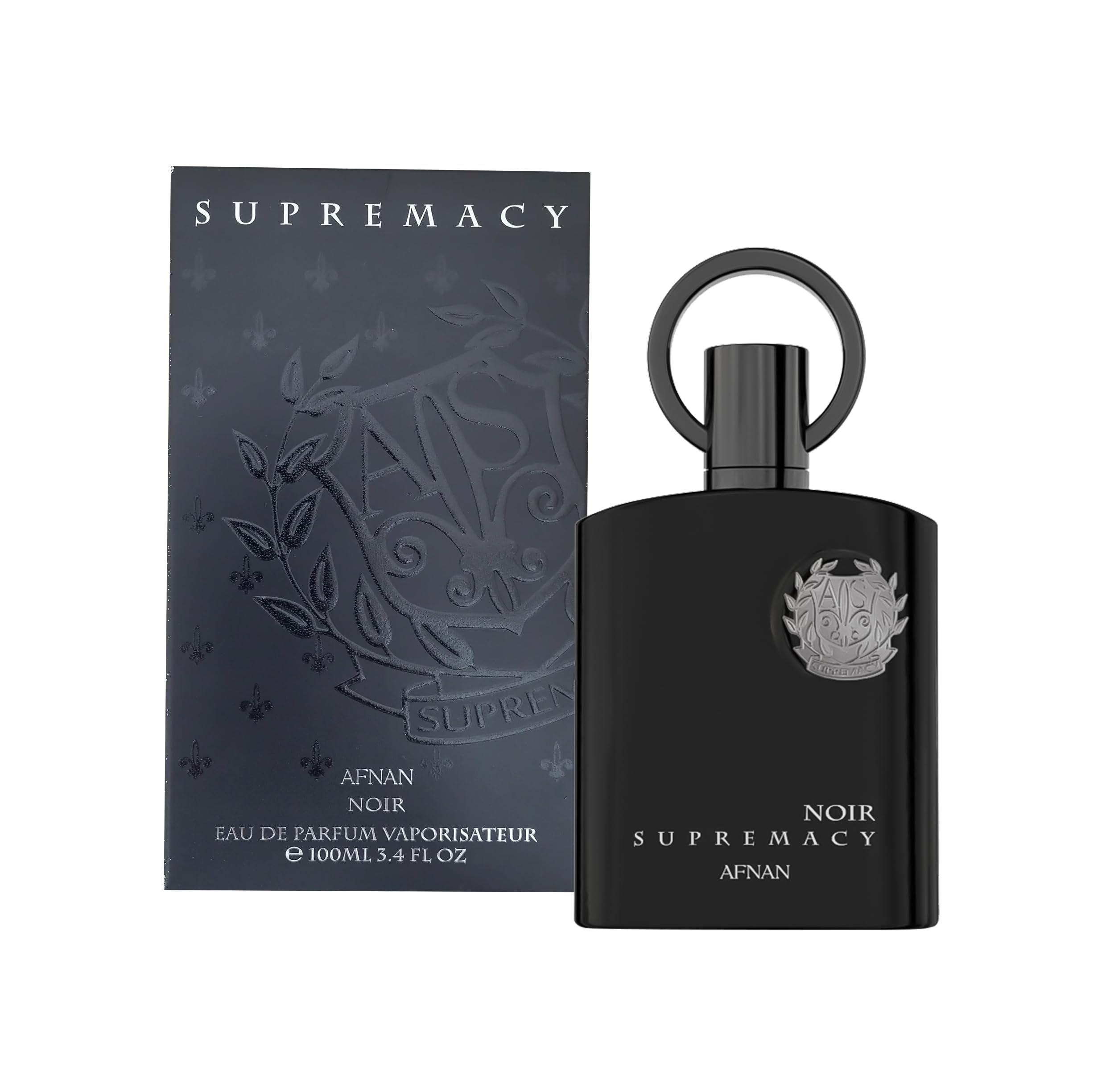 Afnan Supremacy Noir: botella frontal para un estilo masculino elegante.