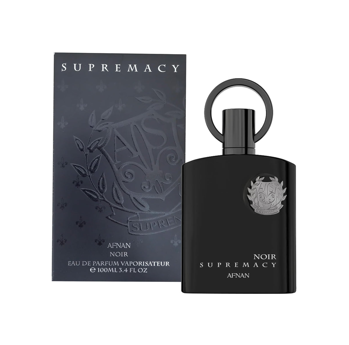 Afnan Supremacy Noir: botella frontal para un estilo masculino elegante.