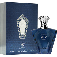 Afnan Turathi Blue, empaque y caja, presentación premium para regalo.