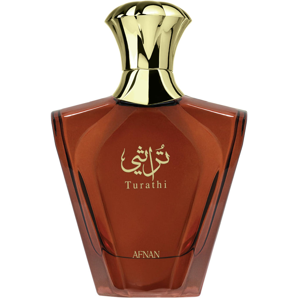 Afnan Turathi Brown, botella de perfume frontal, aroma intenso para presencia duradera.