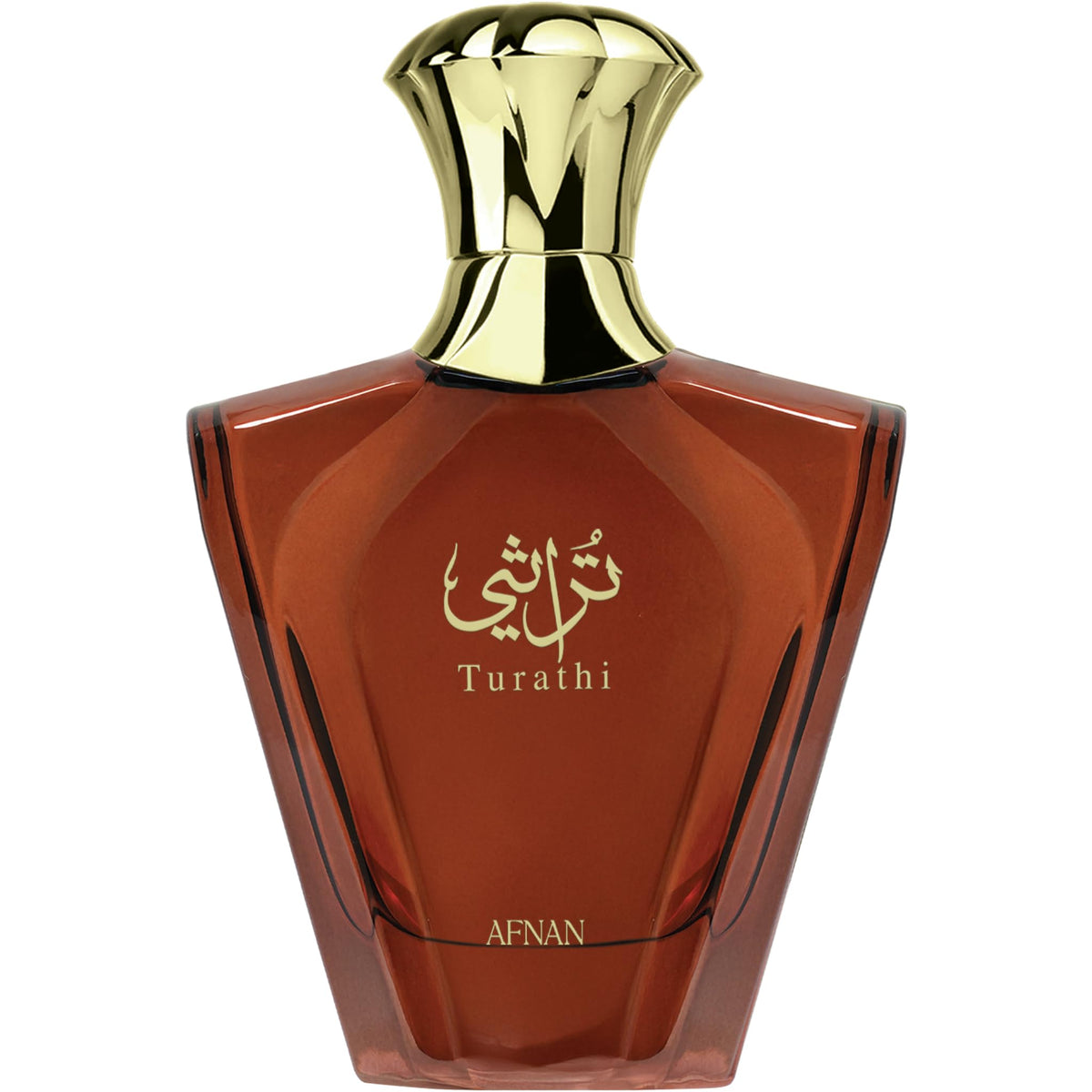Afnan Turathi Brown, botella de perfume frontal, aroma intenso para presencia duradera.