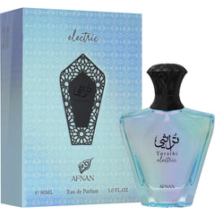 Afnan Turathi Electric, corazón cedro y flor de azahar para un toque moderno.