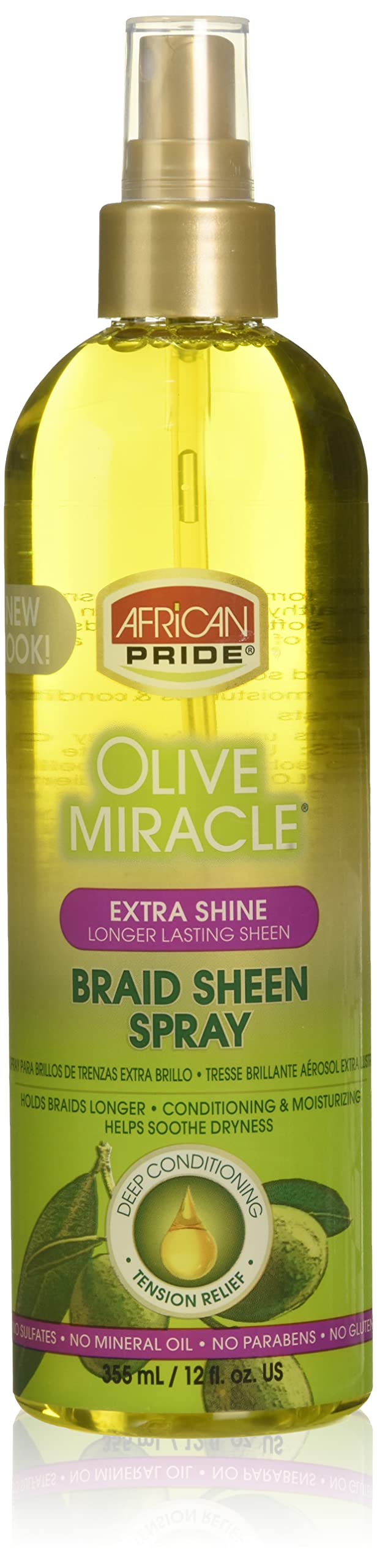 African Pride Braid Sheen Extra Spray, botella, brillo suave para todo tipo de cabello.