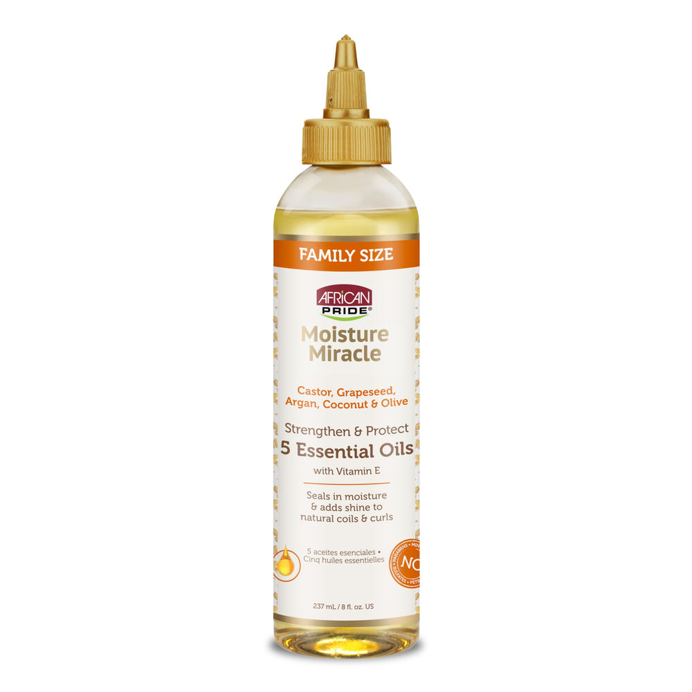 African Pride Moisture Miracle 5 Oils bottle showing lightweight hydration for shine