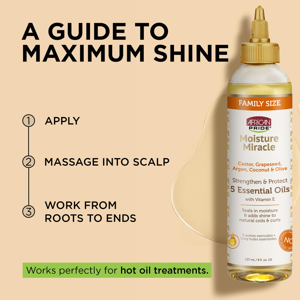 Aplicación manual con African Pride Moisture Miracle para hidratación diaria del cabello.