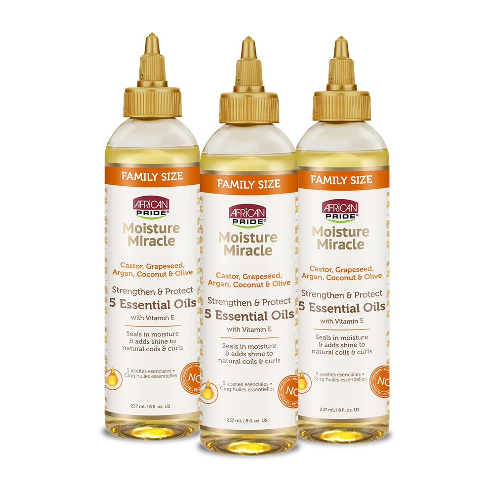 African Pride Moisture Miracle: botella-vertido, hidratación ligera para el cabello y cuero cabelludo.