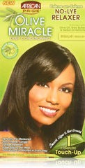 African Pride Olive Miracle kit de retoque, frente del envase, manejo fácil para retoques rápidos